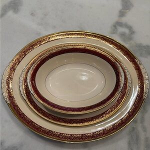 Premium Cream and Burgundy Porcelain Serving Set with Gold Trim oval